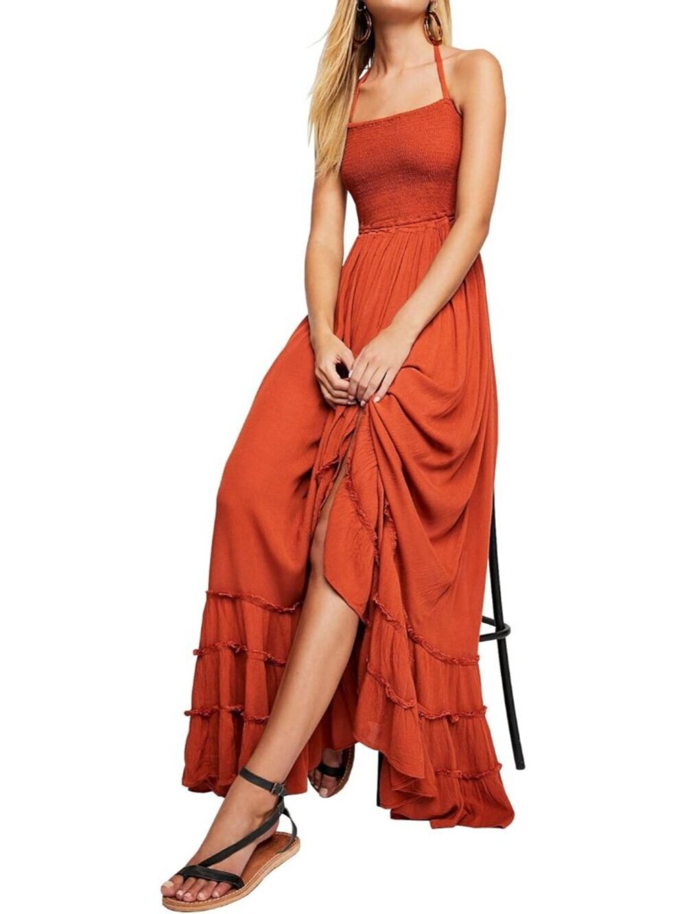 Women's Orange Summer Boho Sexy Backless Long Comfortable Stylish Maxi Dress